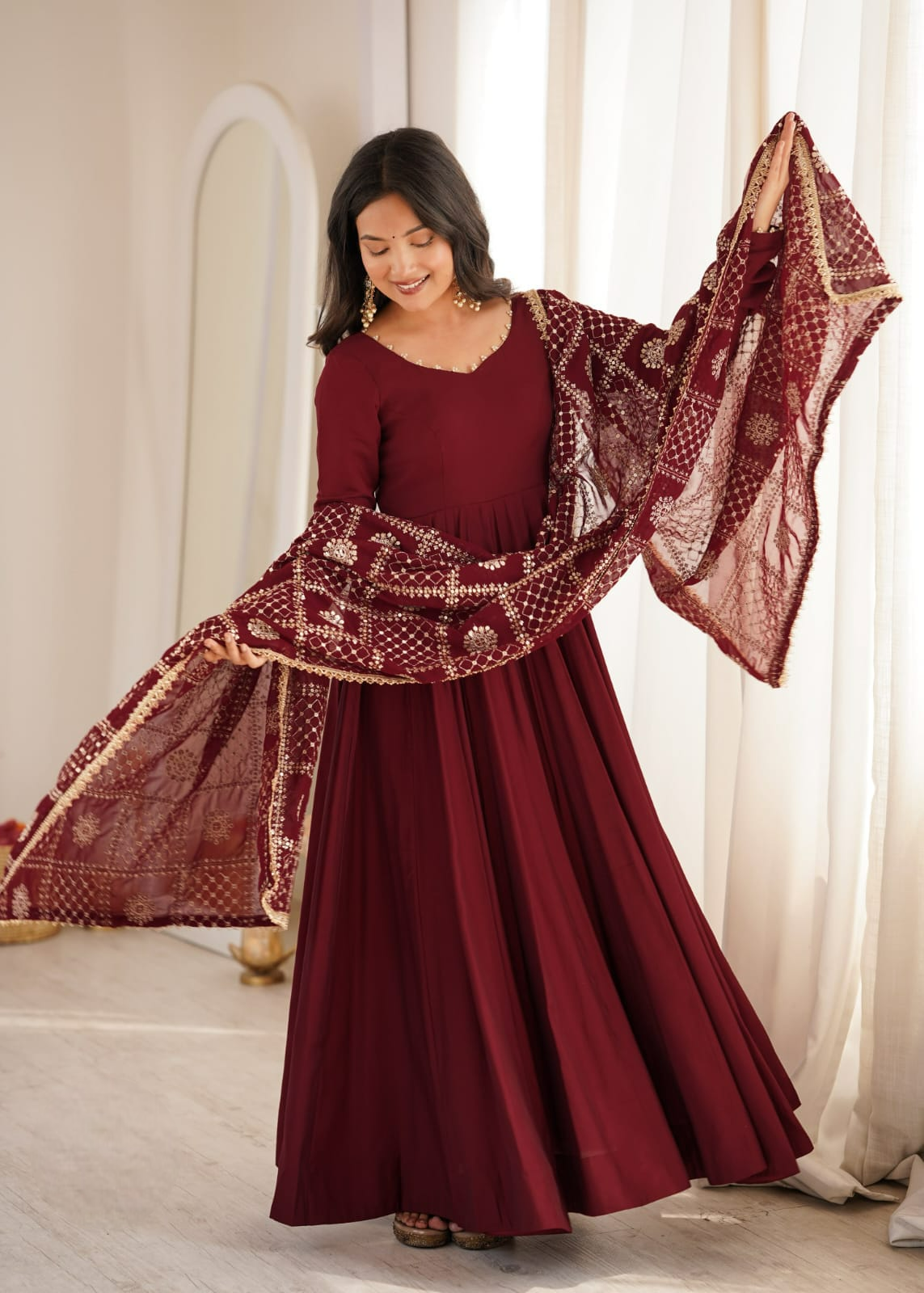 Maroon Chanderi Fabric Anarkali set